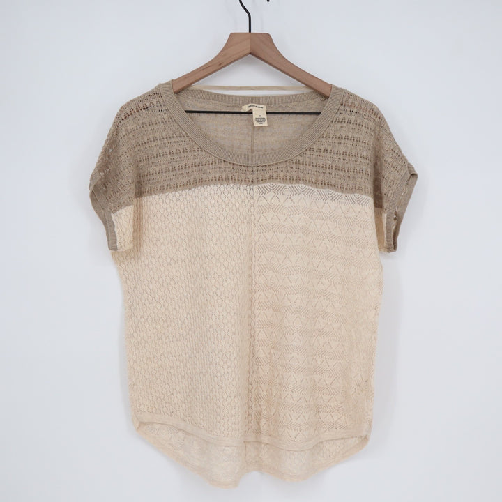 DKNY Jeans Sweater Womens Medium Beige Colorblocked Open Knit Cotton Ribbed