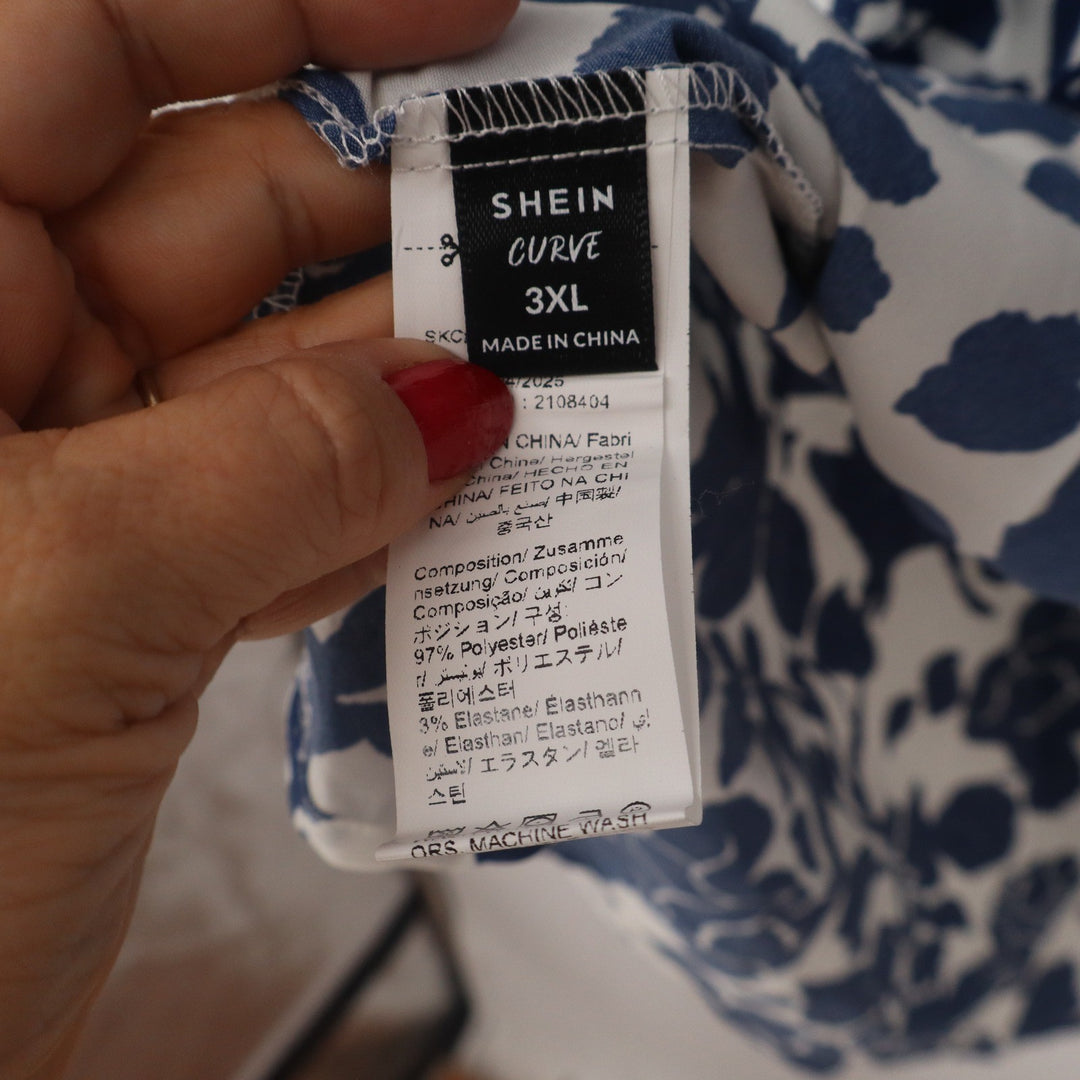 Shein Curve 3XL Blue White Floral Short Sleeve Midi Dress Elastic Waist