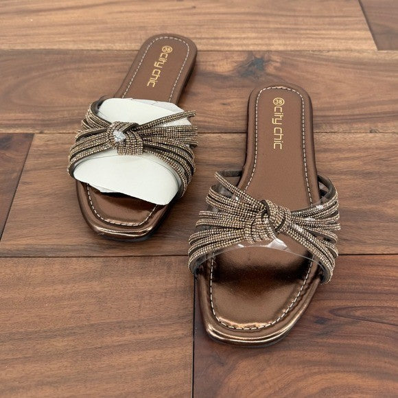 City Chic Bronze Embellished Knot Detail Slide Sandals Women's Size 7W