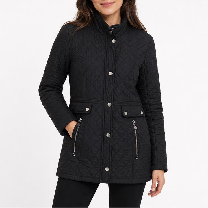Covington Womens Black Quilted Longline Parka Jacket Snap Front Mock Neck Size L