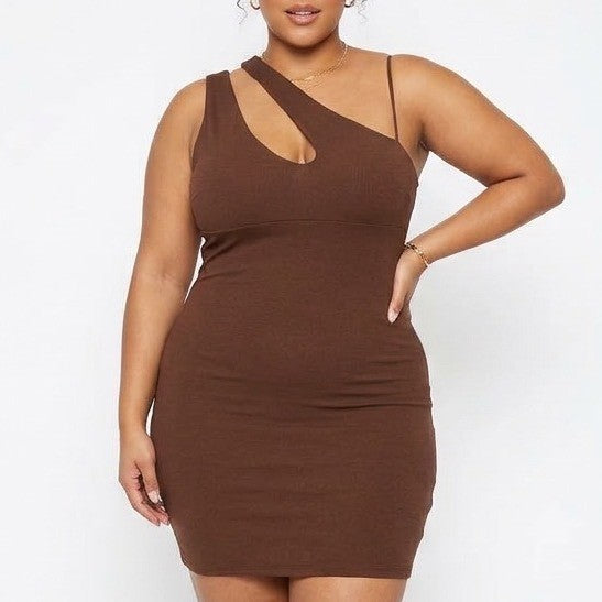 Naked Wardrobe Womens Chocolate Brown Asymmetric One Shoulder Mini Dress L