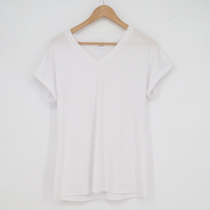 XIEERDUO Womens White V-Neck Short Sleeve Rolled Cuff T-Shirt Size S