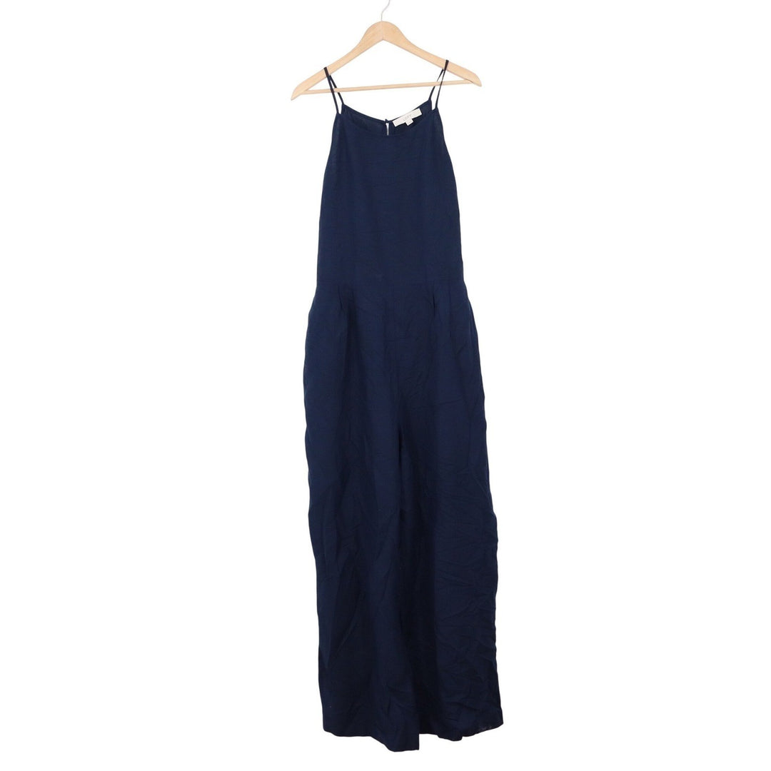 LOFT Navy Blue Linen Blend Wide Leg Tie Back Jumpsuit Size 16 Sleeveless High