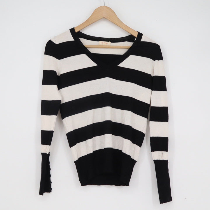Ambiance Mens Black White Striped V-Neck Sweater Button Cuff Rayon Blend M
