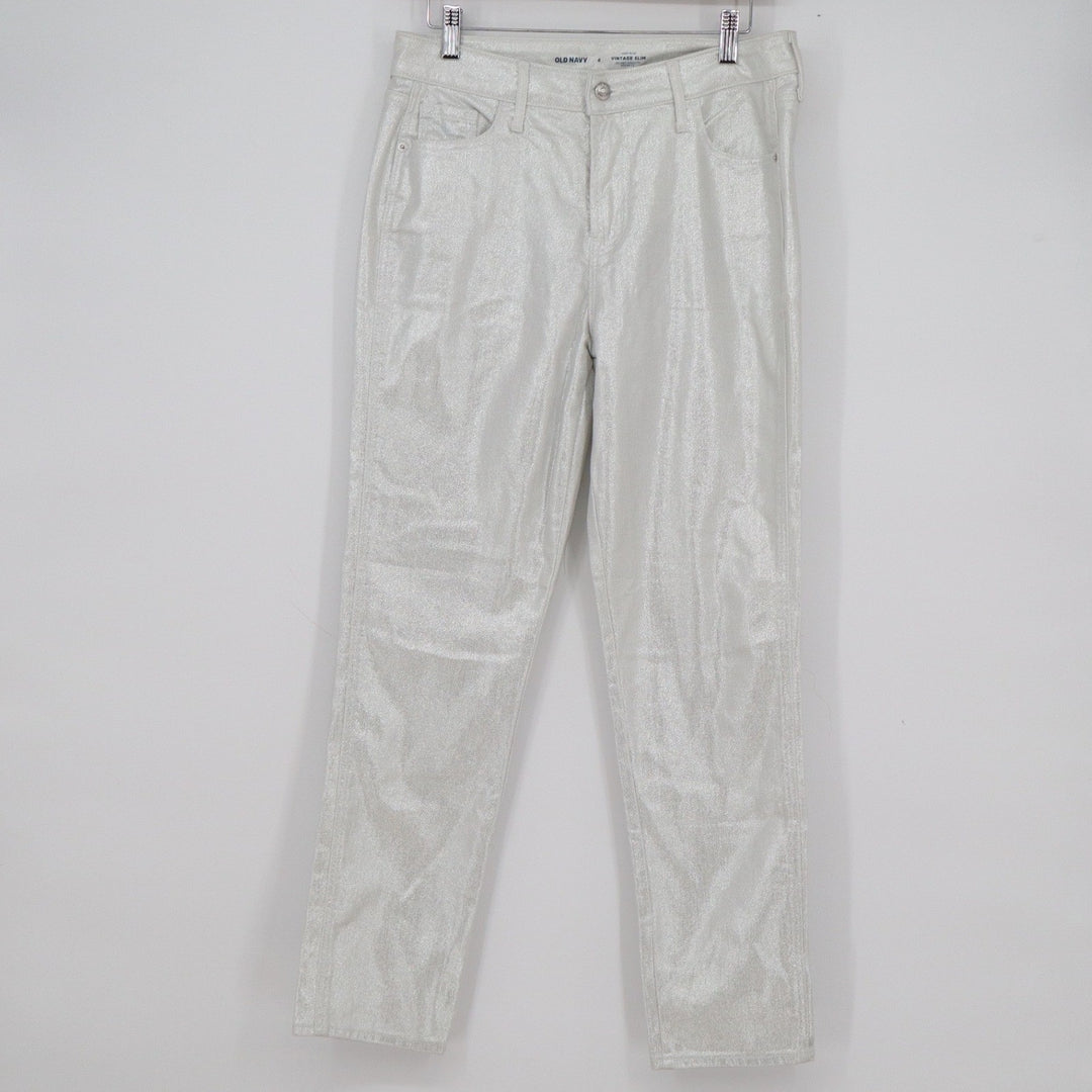Old Navy Womens Metallic Silver High Rise Vintage Slim Jeans Size 6 Shiny Pants