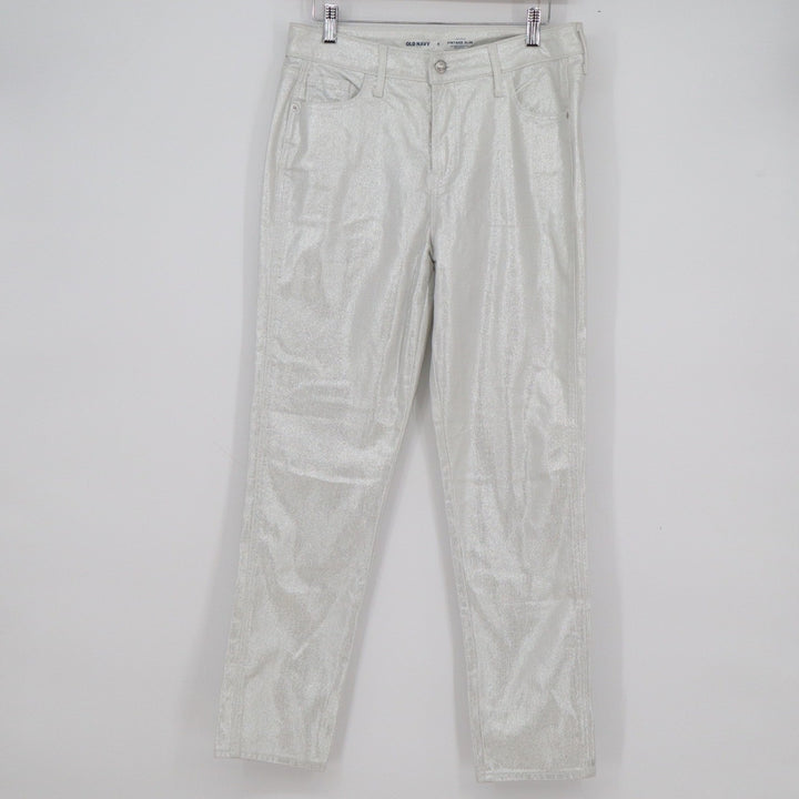 Old Navy Womens Metallic Silver High Rise Vintage Slim Jeans Size 6 Shiny Pants