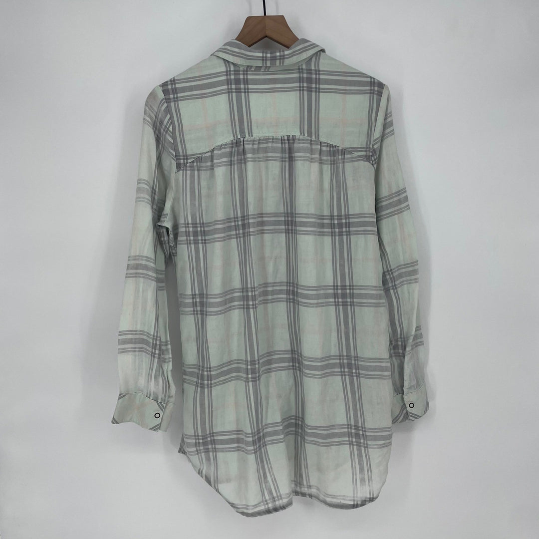 Make Model Plaid Button Down Shirt Long Sleeve Mint Gray Women's Size M