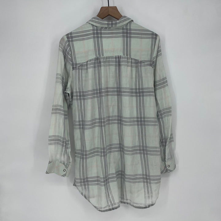 Make Model Plaid Button Down Shirt Long Sleeve Mint Gray Women's Size M
