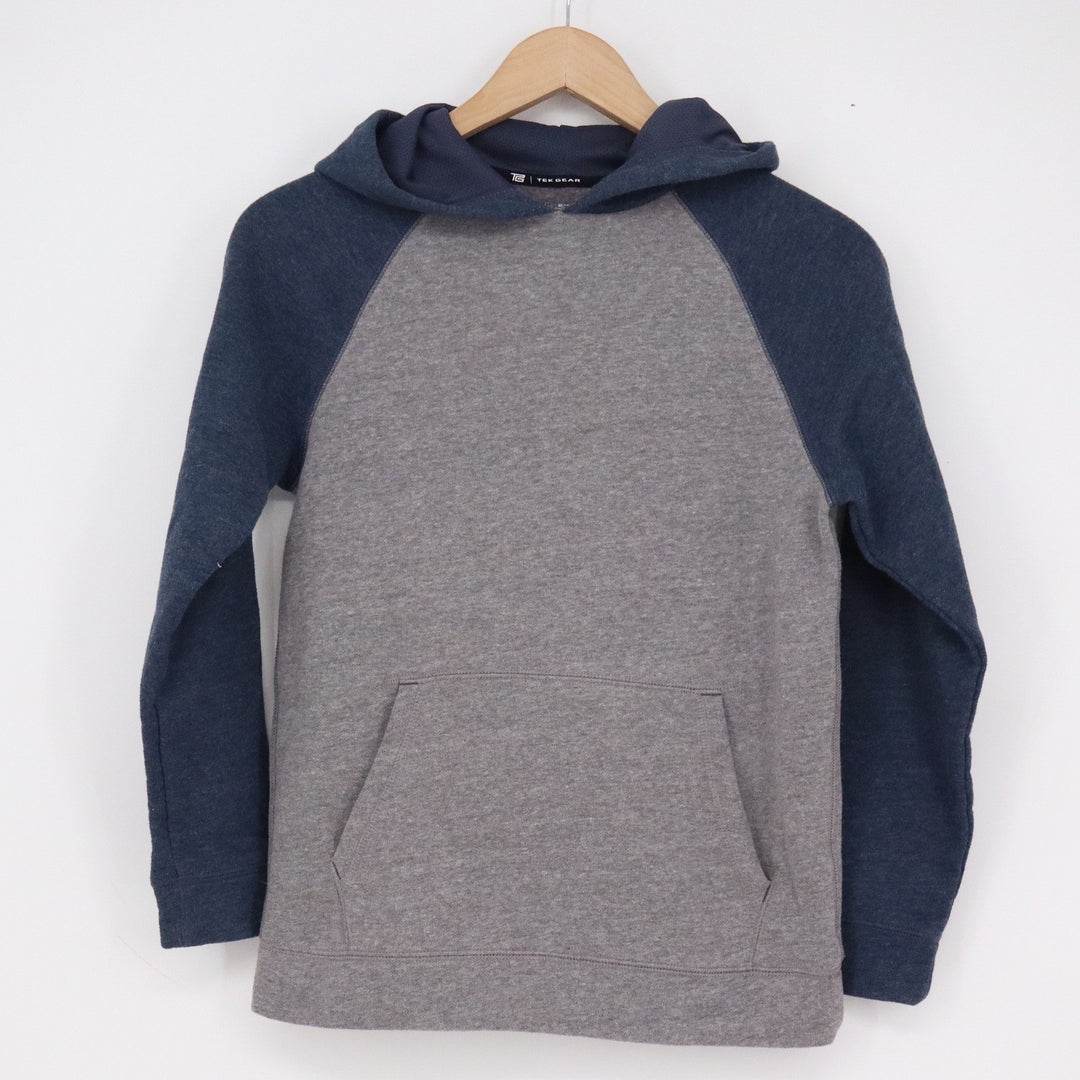 Tek Gear Boys M 10/12 Raglan Hoodie Gray Navy Blue Colorblock Pullover Fleece