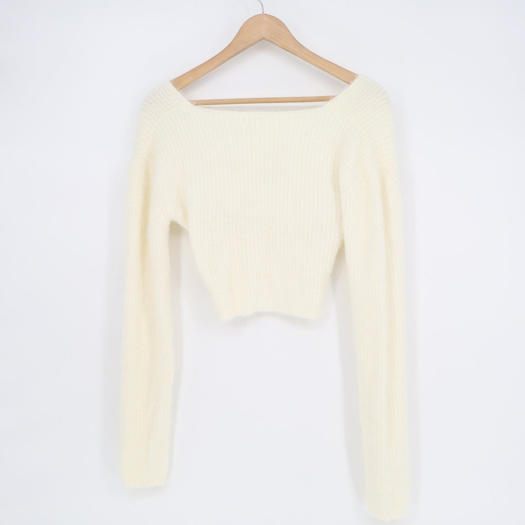Superdown Womens Cream Fuzzy Surplice V-Neck Cropped Sweater Size M DVC 045