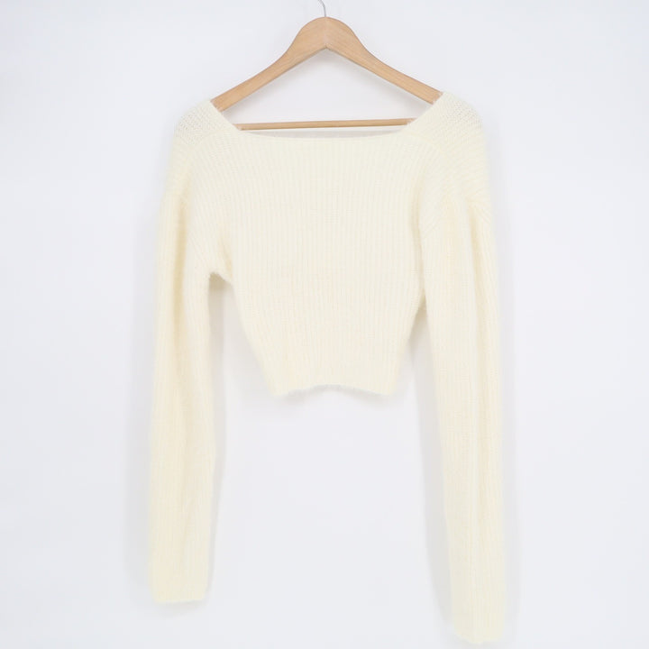 Superdown Womens Cream Fuzzy Surplice V-Neck Cropped Sweater Size M DVC 045