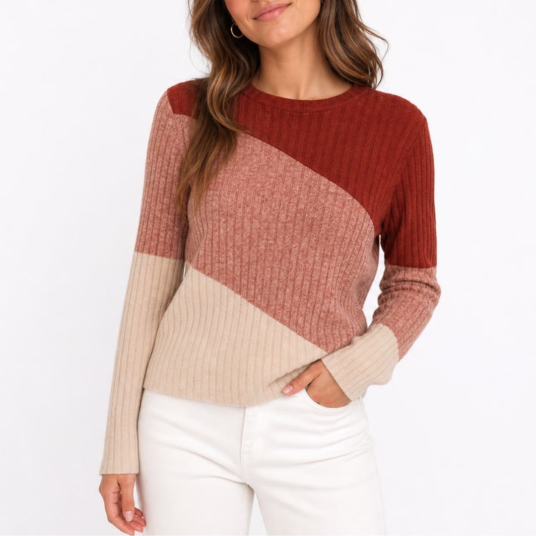 AYIFU Womens XL Colorblock Ribbed Knit Long Sleeve Top Rust Pink Beige Casual