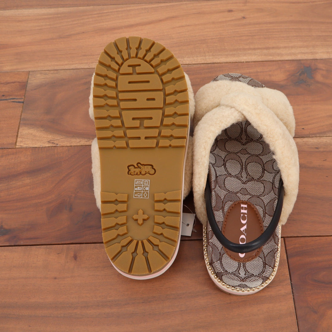 Coach Tally Shearling Sandal Natural Signature Monogram Size 8