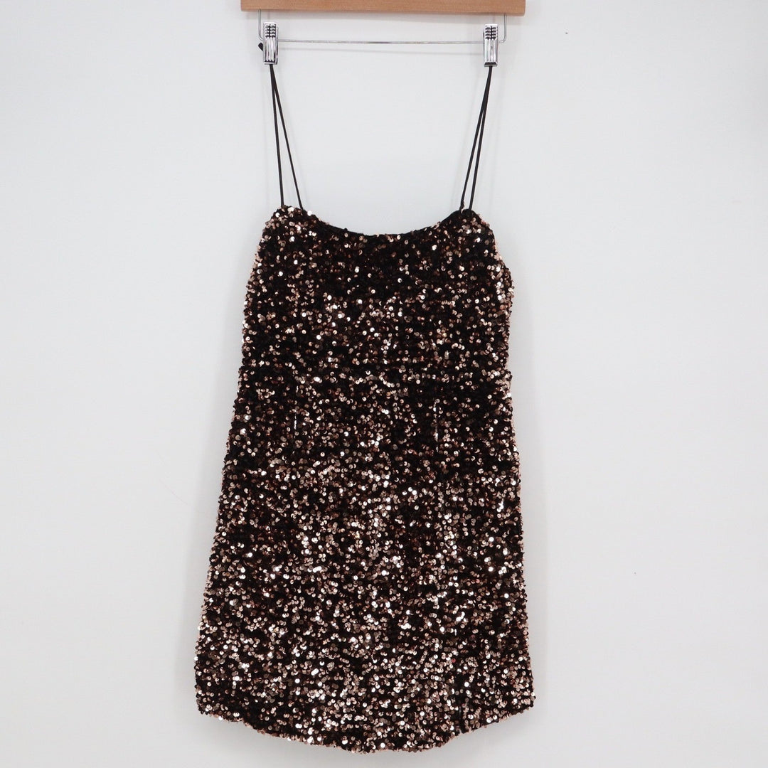 Angel Biba Sequin Mini Dress Black Bronze Spaghetti Strap Party Size L