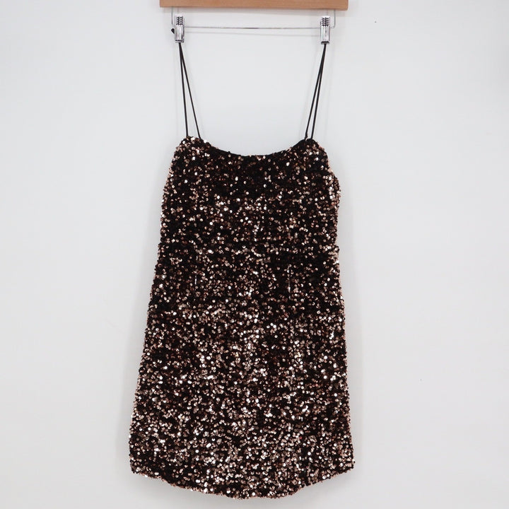 Angel Biba Sequin Mini Dress Black Bronze Spaghetti Strap Party Size L
