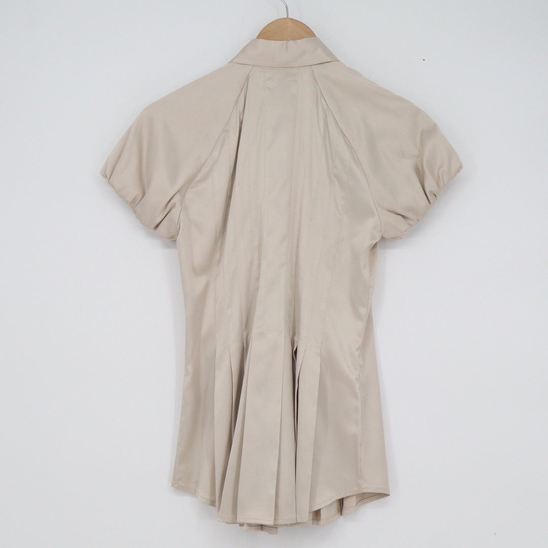 BCBGMAXAZRIA Womens XS Champagne Beige Pleated Short Sleeve Button Up Blouse