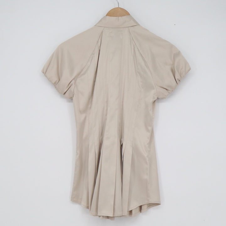 BCBGMAXAZRIA Womens XS Champagne Beige Pleated Short Sleeve Button Up Blouse