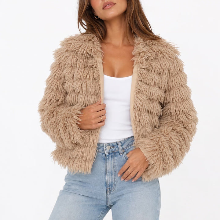 Unbranded Coffee Beige Faux Fur Shaggy Fringe Jacket Large Open Front