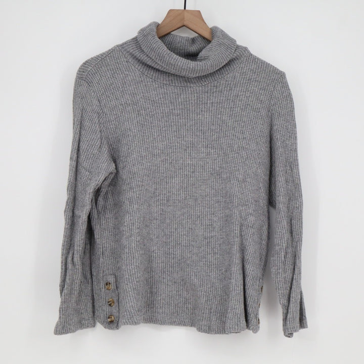 Croft & Barrow Sweater Women Medium Gray Waffle Knit Turtleneck Side Hem Button