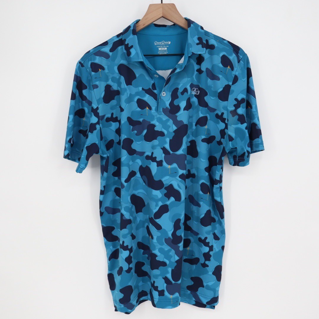 Good Good Golf Polo Shirt Men's Medium Blue Camo "Fighting for Par" Short Sleeve