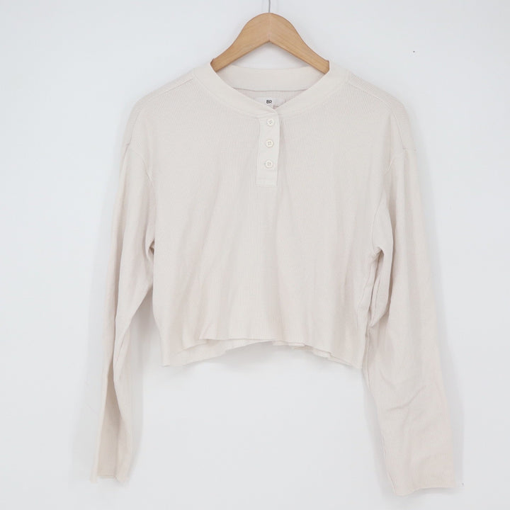 BP Top Womens S Henley Cropped Off White Waffle Knit Long Sleeve Excellent