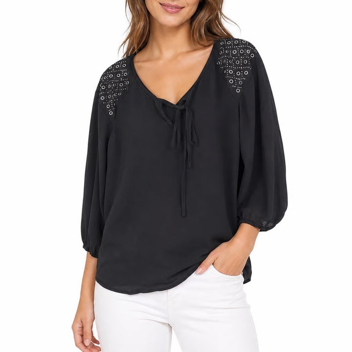 Pleione Black Studded Shoulder Tie Neck Chiffon Blouse M