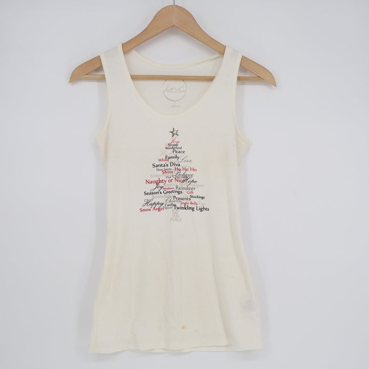 I.N.C. International Concepts Tank Top Womens S White Stretch Rib Christmas Tree