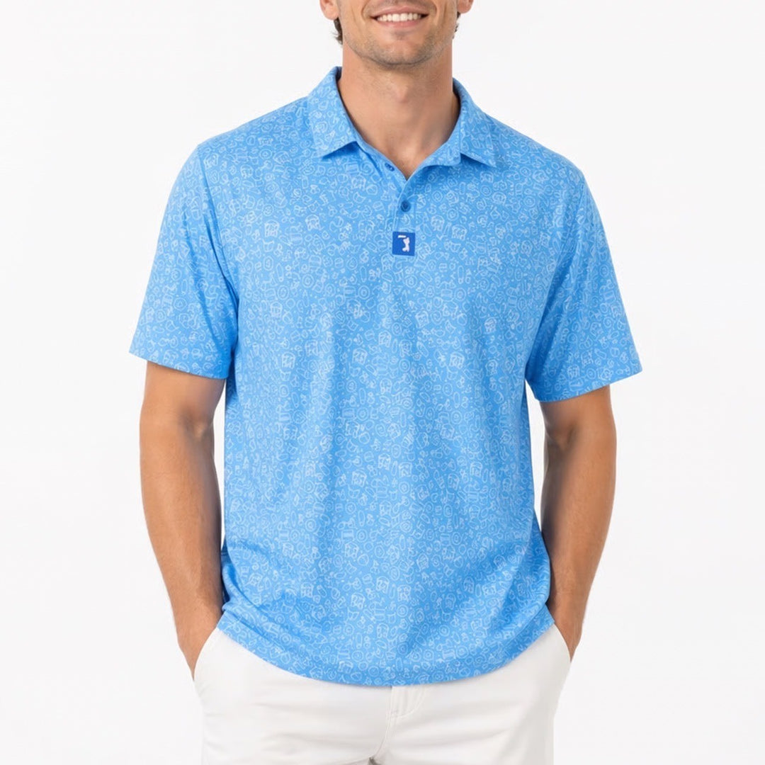 Bogeybros Polo Shirt Mens 2XL Blue Printed Stretch Short Sleeve Golf Tennis