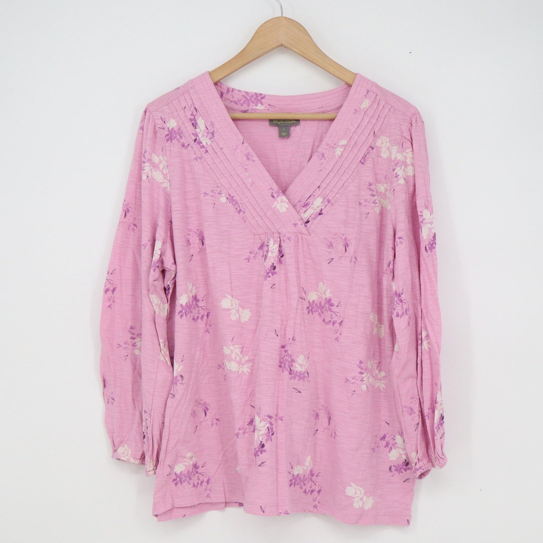 Style & Co Womens Pink Floral V-Neck Pintuck Long Sleeve Blouse Top Size L