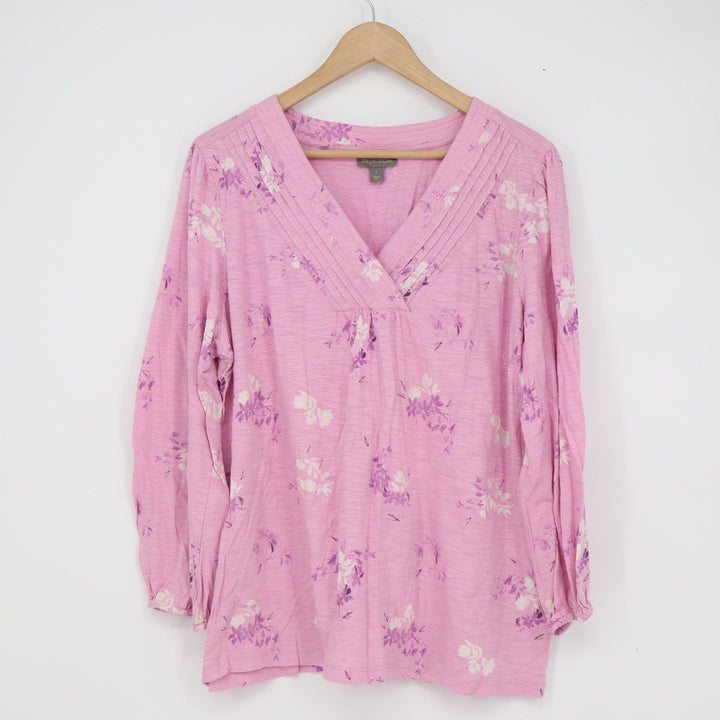 Style & Co Womens Pink Floral V-Neck Pintuck Long Sleeve Blouse Top Size L