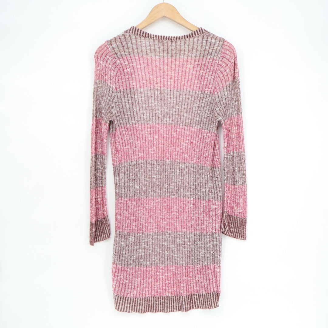 Mossimo Cardigan Sweater Womens Medium Brown Pink Striped Knit Ribbed Open Front