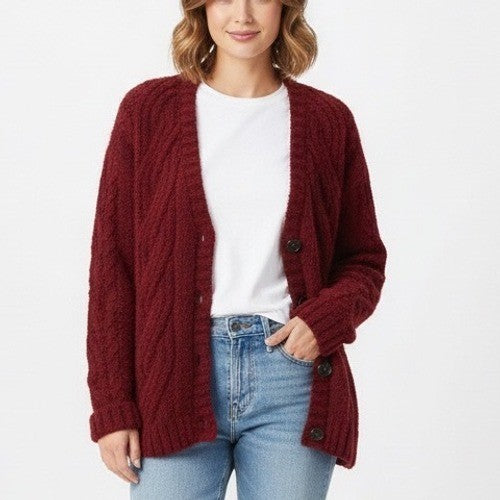 Cupcake Cardigan Sweater Womens Medium Maroon Chunky Cable Knit Long Sleeve
