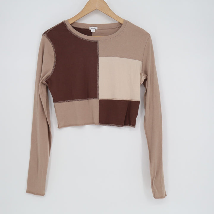 Garage Crop Top Womens Large Multicolor Patchwork Long Sleeve Crew Neck Pullover