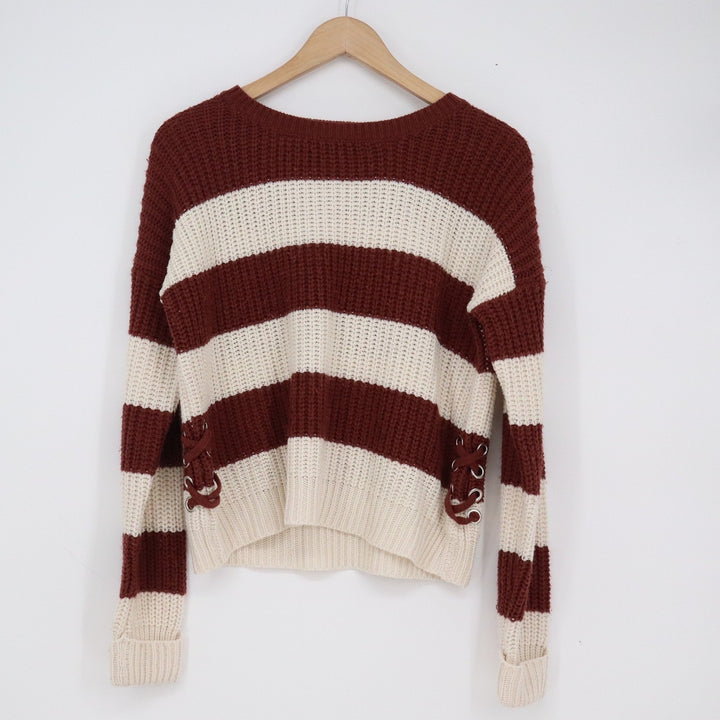 Pink Republic Women's Striped Lace Up Side Knit Sweater Burgundy Cream L