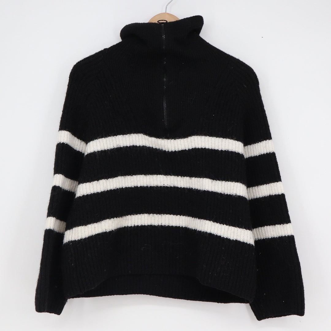 H&M Divided Womens Small Black White Striped Quarter Zip Turtleneck Sweater