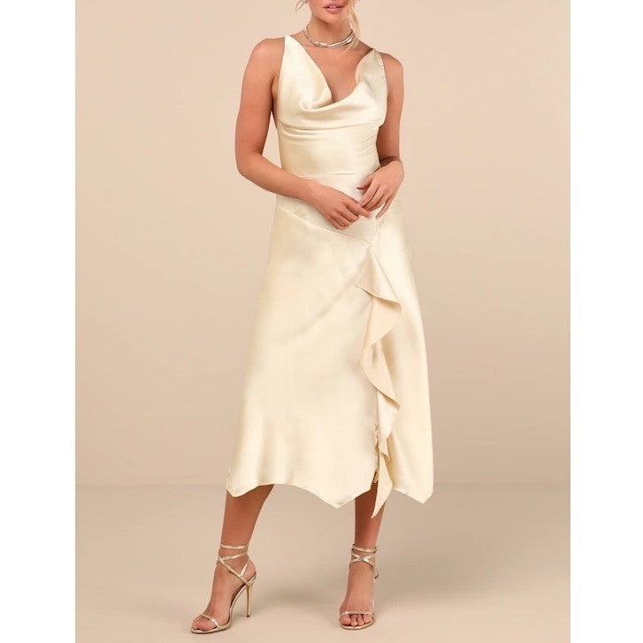 Lulus Evette Pale Midi Dress Womens Small Yellow Satin Cowl Ruffled Handkerchief
