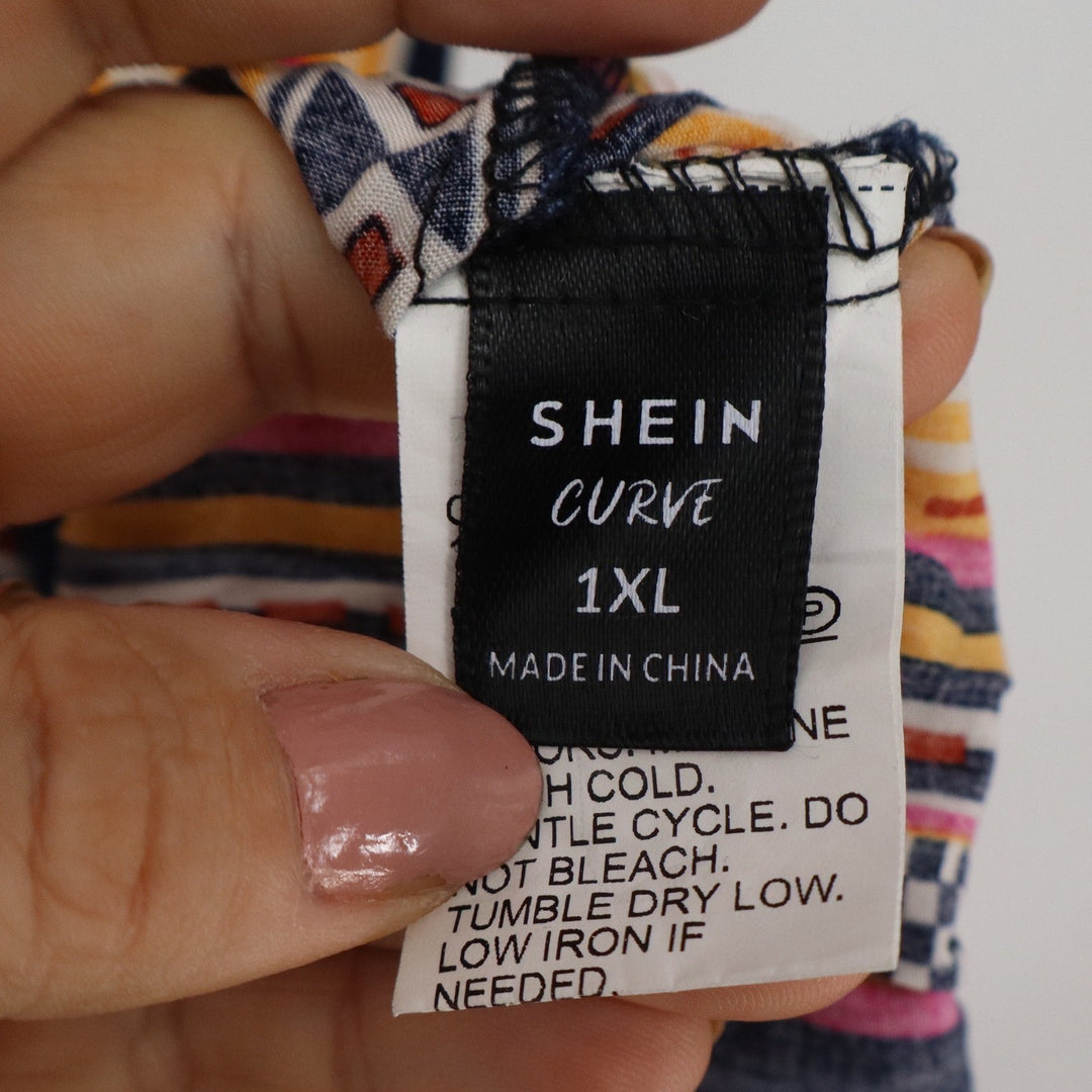 Shein Curve 1XL Maxi Dress Multicolor Tribal Geometric Stripe V-Neck Boho Summer