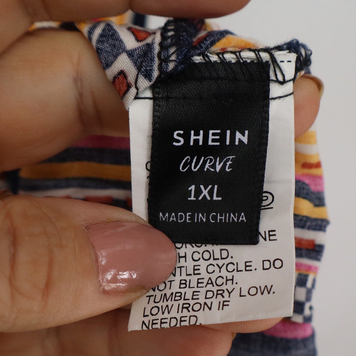 Shein Curve 1XL Maxi Dress Multicolor Tribal Geometric Stripe V-Neck Boho Summer