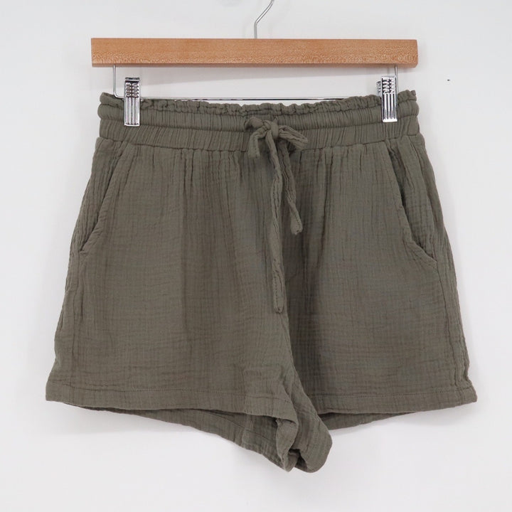 Olive Green Gauze Shorts Womens Small Elastic Drawstring Waist Rayon