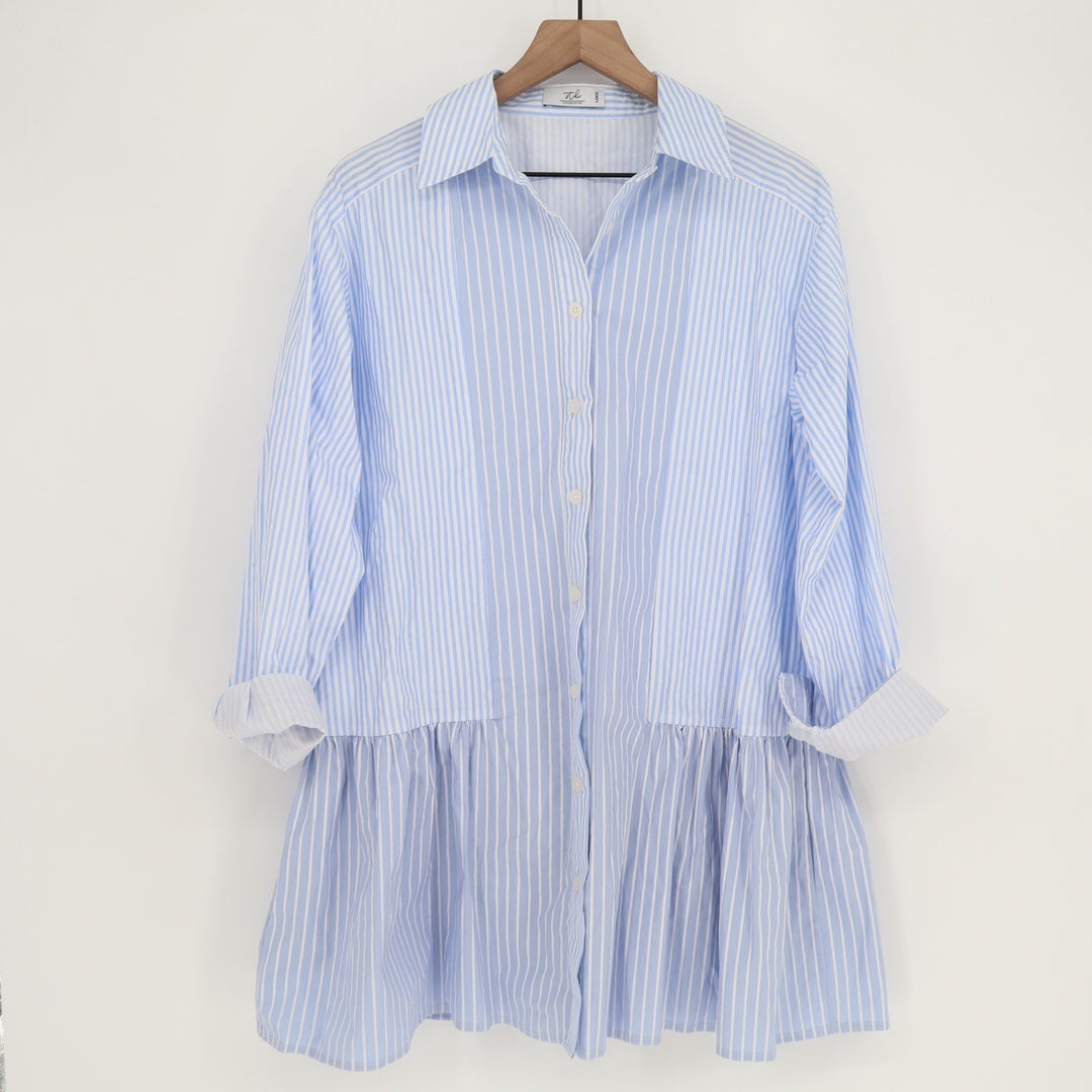 Stile Collection Blue White Striped Peplum Tunic Shirt Cotton Large