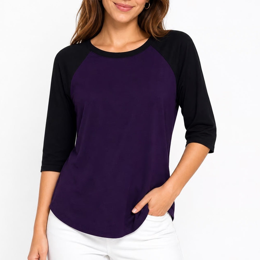 Cool Melon Womens Purple Navy Blue Raglan 3/4 Sleeve Baseball Tee Shirt M