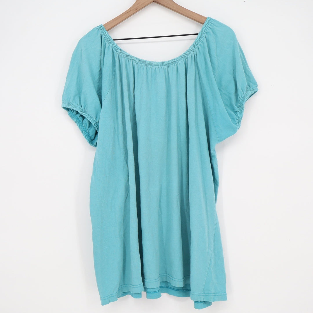 Mainstreet Blues Womens 1X Turquoise Blue Cotton Henley Peasant Top Short Sleeve