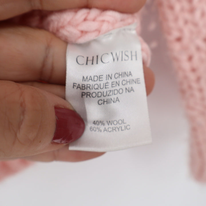 Chicwish Wool Sweater Women's Heart Pom Pom Pink Chunky Knit Excellent