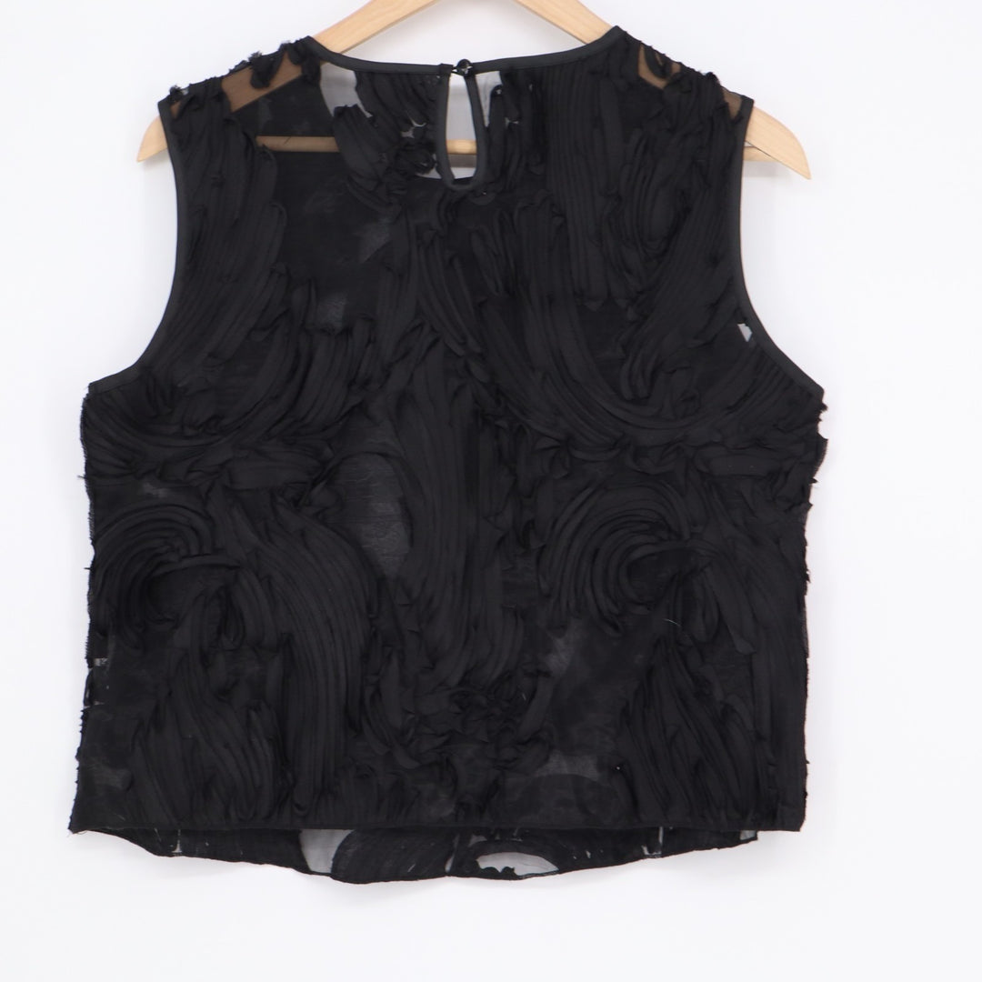 Shein Blouse Top Womens Medium Black Mesh Ruffle Detail Widw Strap Crew Neck
