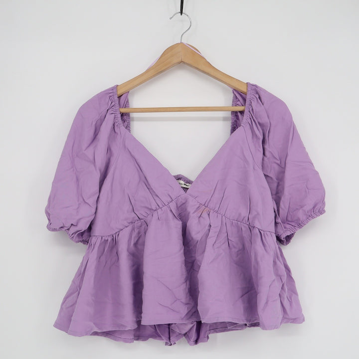 Idem Ditto Puff Sleeve Peplum Top Lavender Purple V-Neck Smocked Back Large