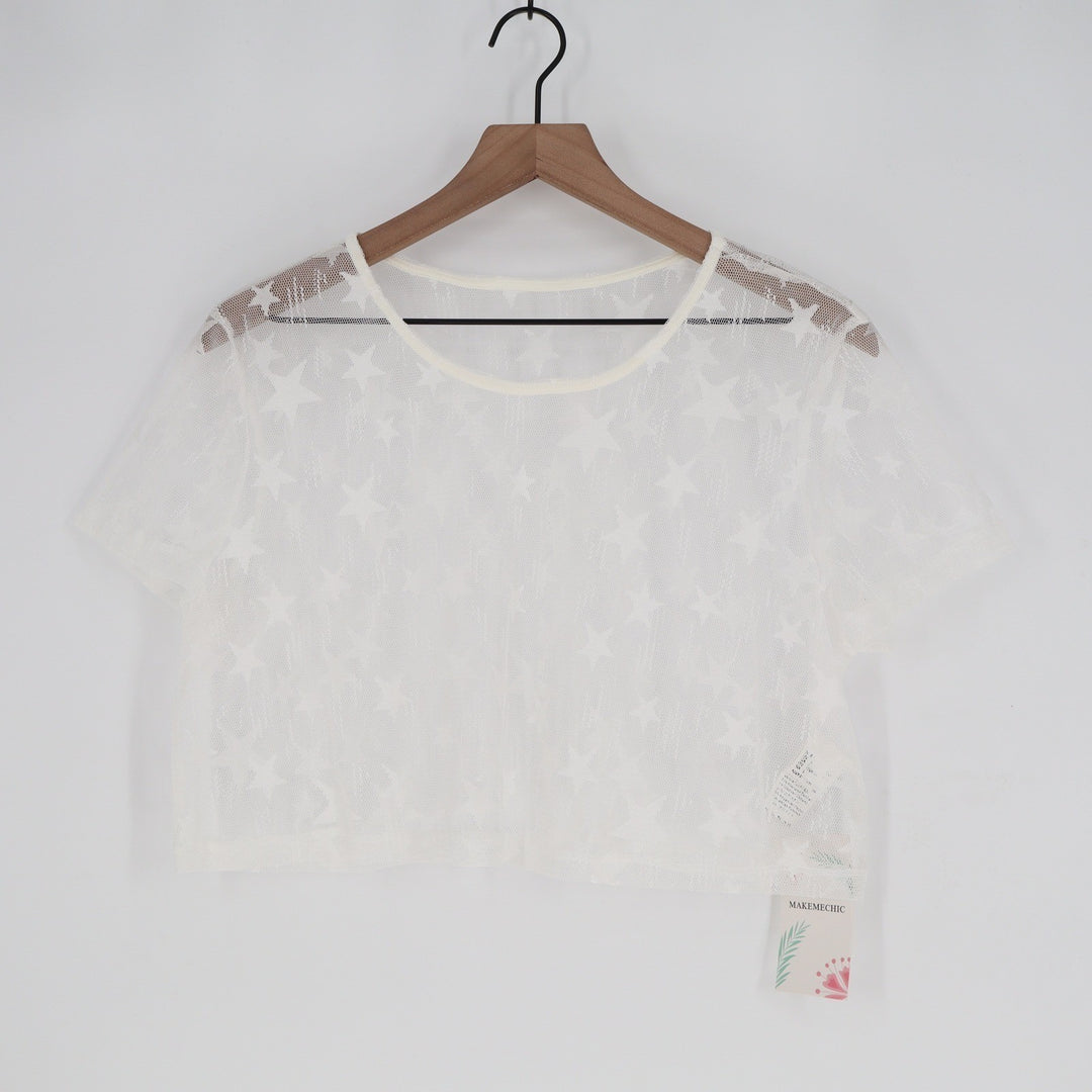 MakeMeChic Womens White Sheer Mesh Star Pattern Crop Top Size L KLI523