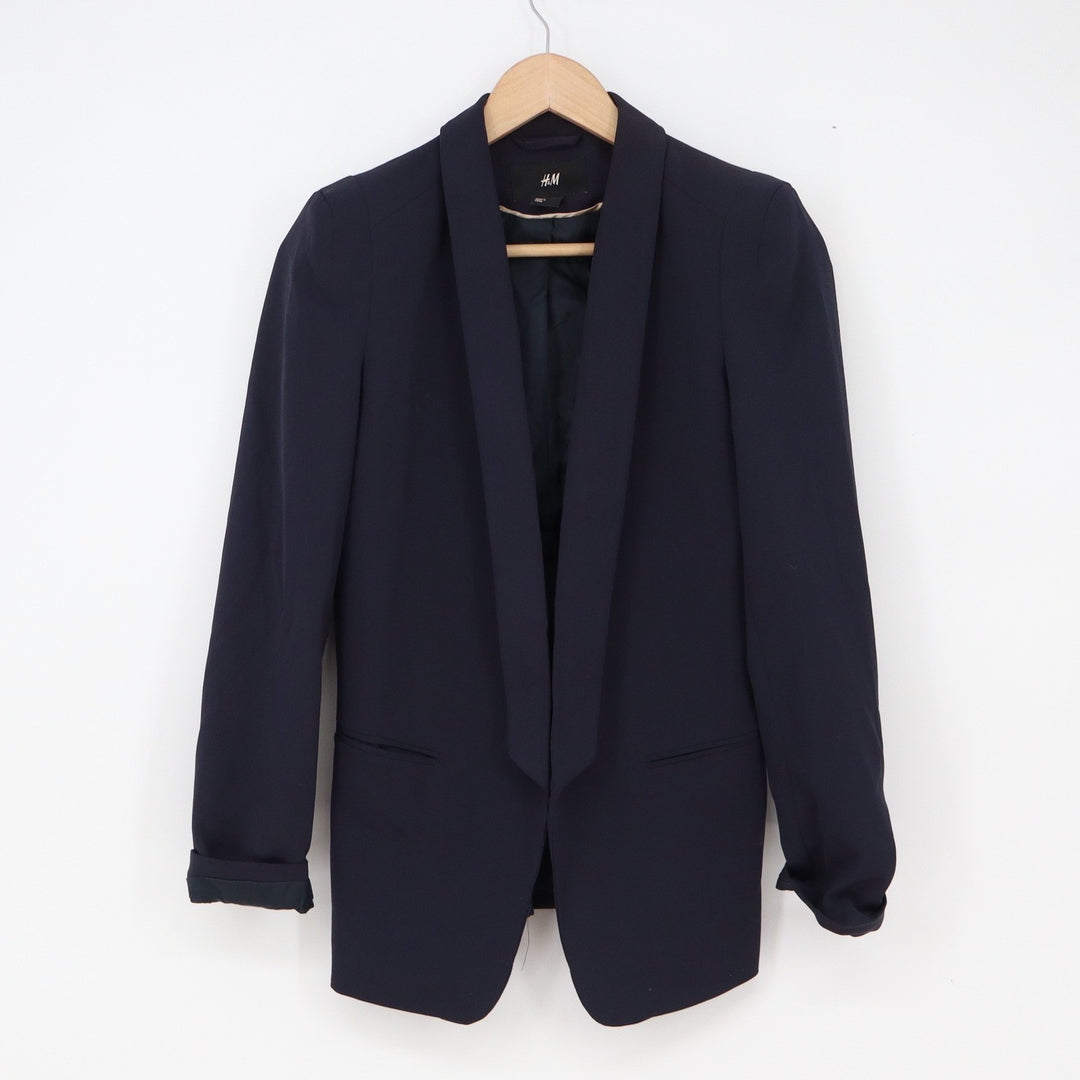 H&M Blazer Womens 4 Open Front Navy Blue Shawl Collar Stretch Excellent