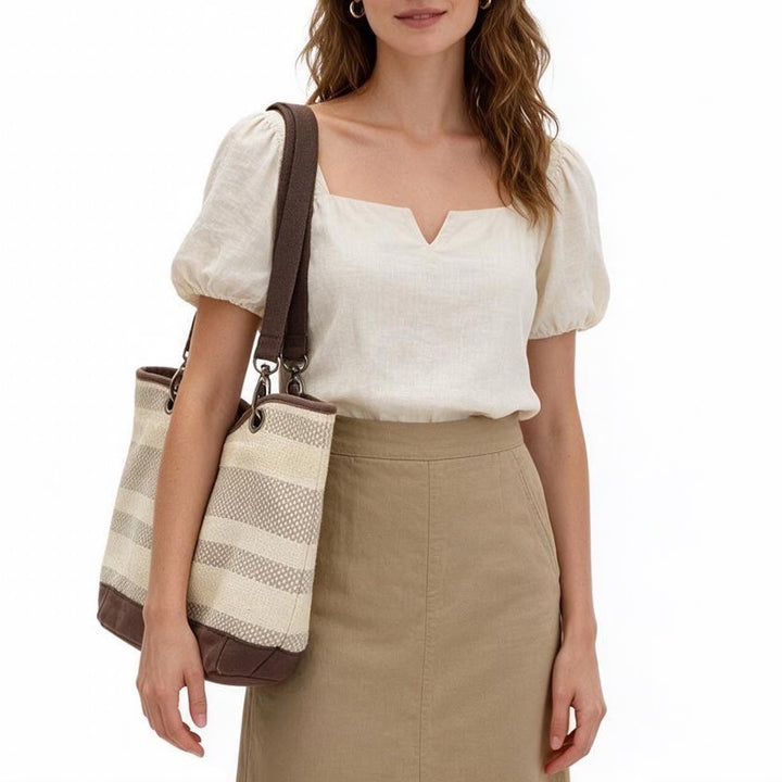 Thirty-One Woven Striped Shoulder Bag Brown Cream Canvas Tote