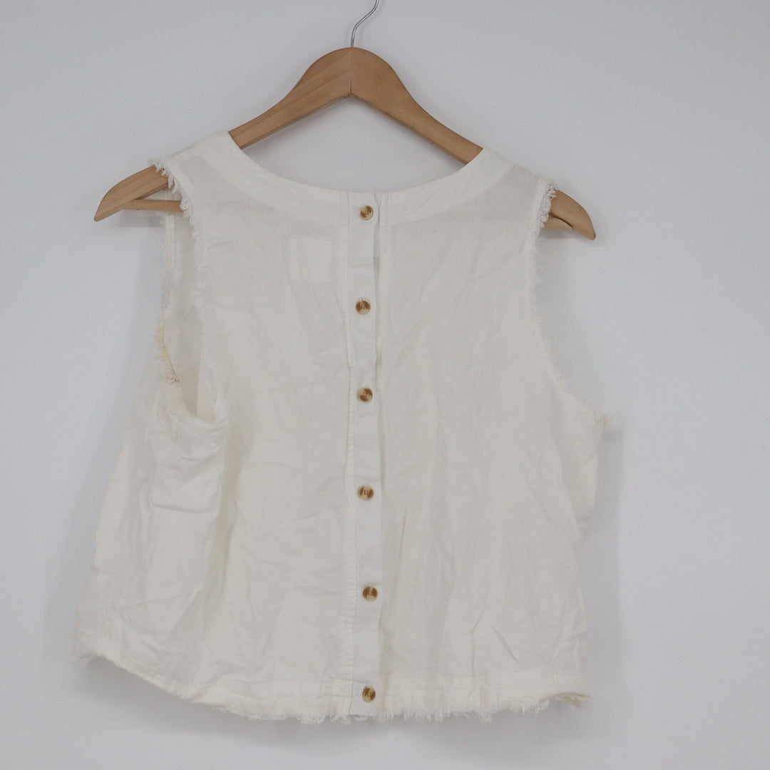 Harper Heritage White Linen Blend Button Back Frayed Crop Top L