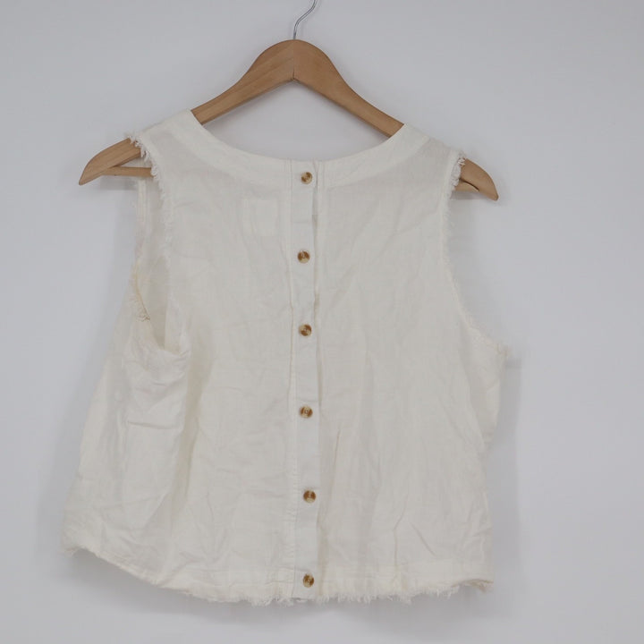 Harper Heritage White Linen Blend Button Back Frayed Crop Top L